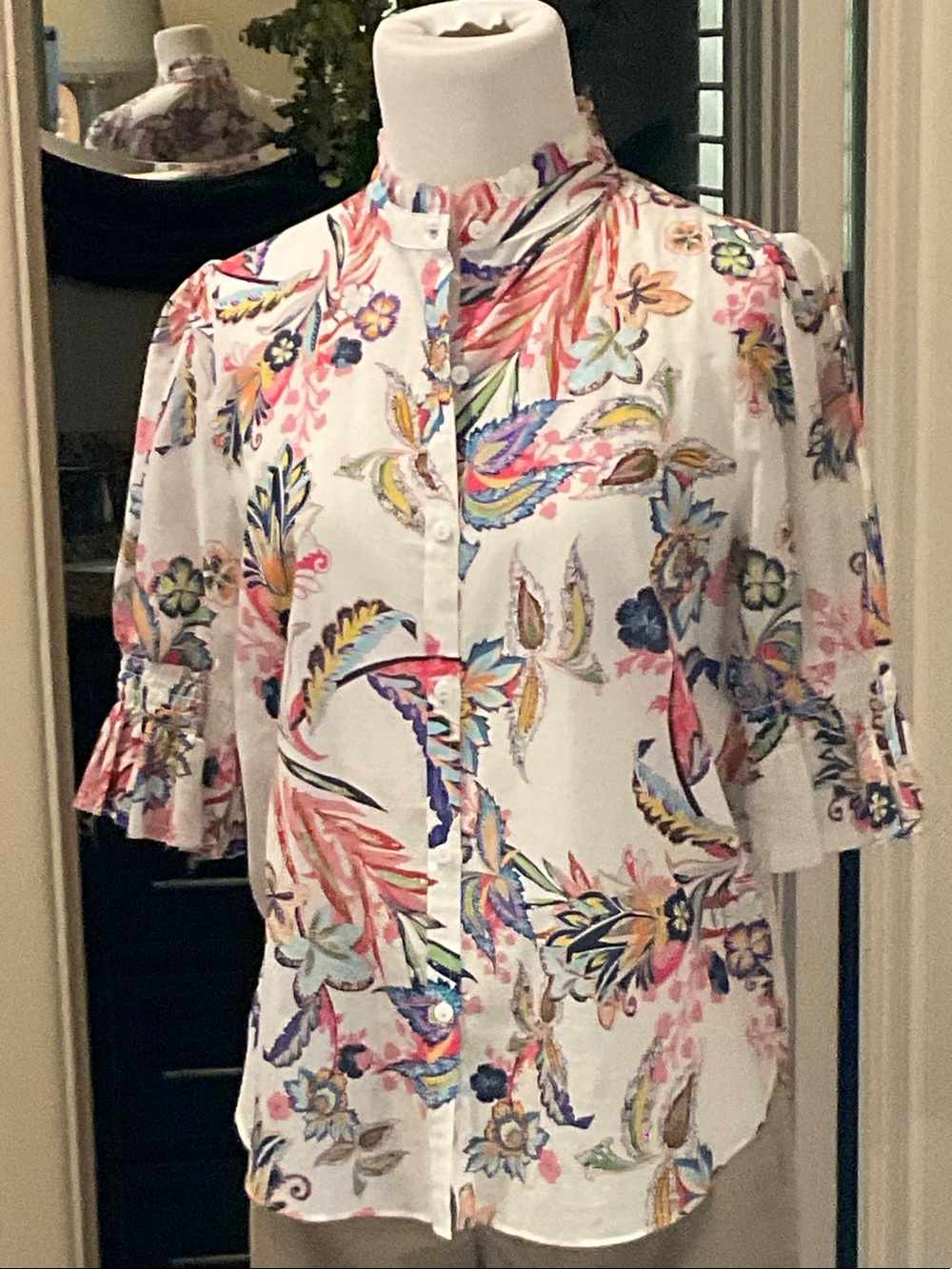White Floral Print Ruffle-Sleeve Button Down Shirt